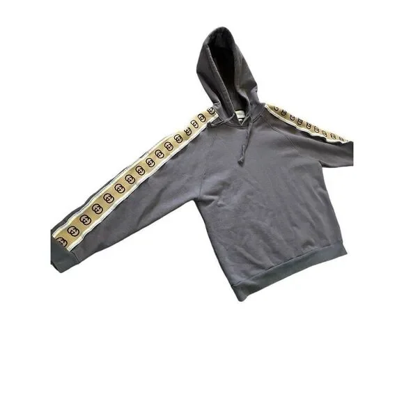 Gucci Interlock G Gray Hoodie With Tan Logo Stripe Sleeve Men’s XXL
